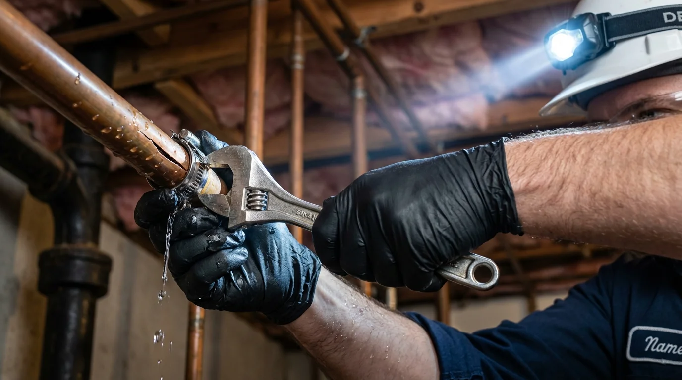 Emergency pipe clamp repair being performed by a Johns Plumbing LLC plumber in Idaho Falls