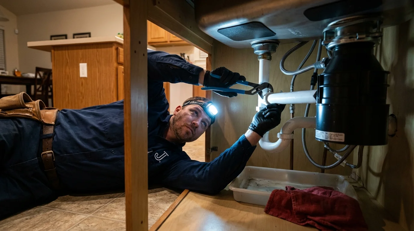 P-trap and supply line connections under a kitchen sink showing a common leak point in Idaho Falls, ID
